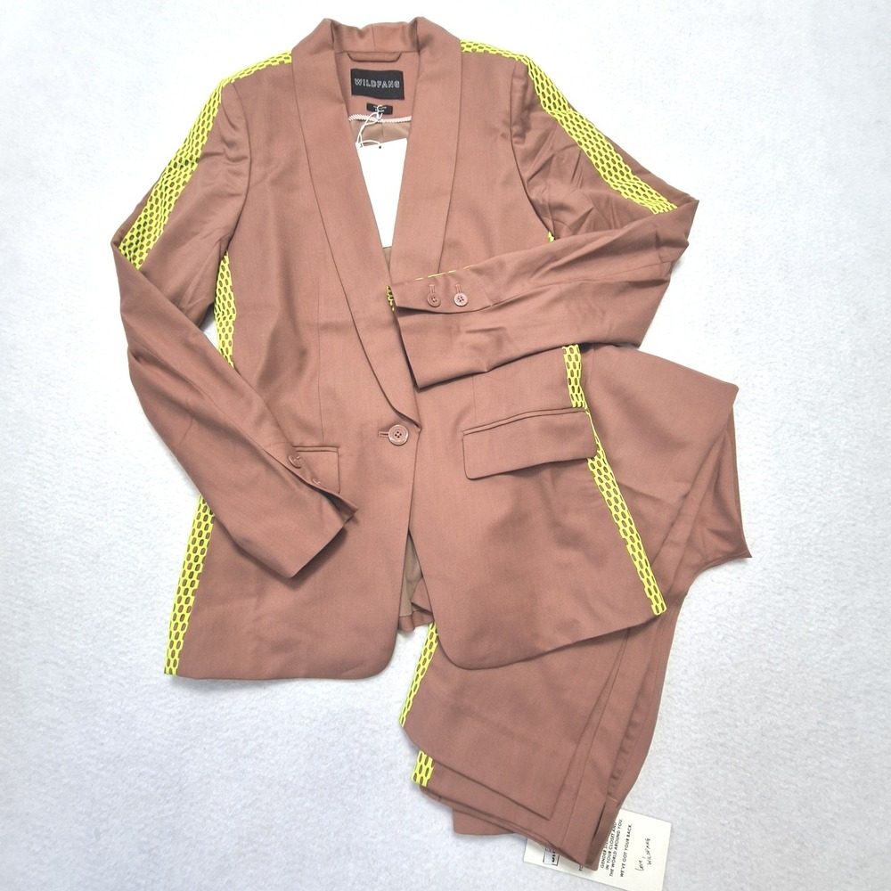 Wildfang Empower Colorblock Suit Womens XS/0 Rose Brown Neon Mesh Blazer Pants